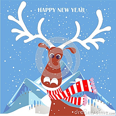 Deer cartoons animal on blue mountain landscape Happy New Year congratulation card Vector Illustration